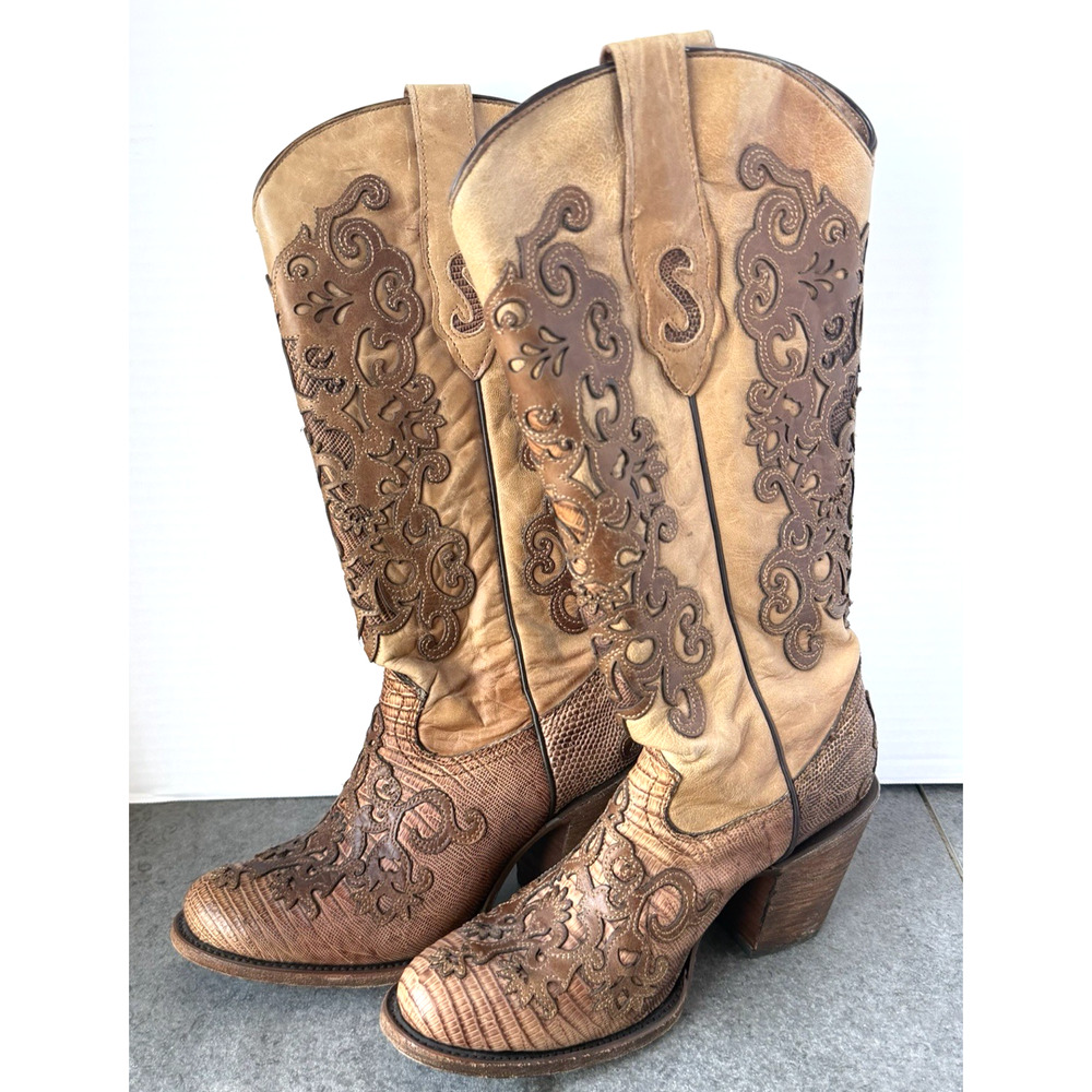 Cuadra Genuine Teju Lizard Cowboy Boots Women Brown Scroll Overlay Size 8 - Picture 3 of 11